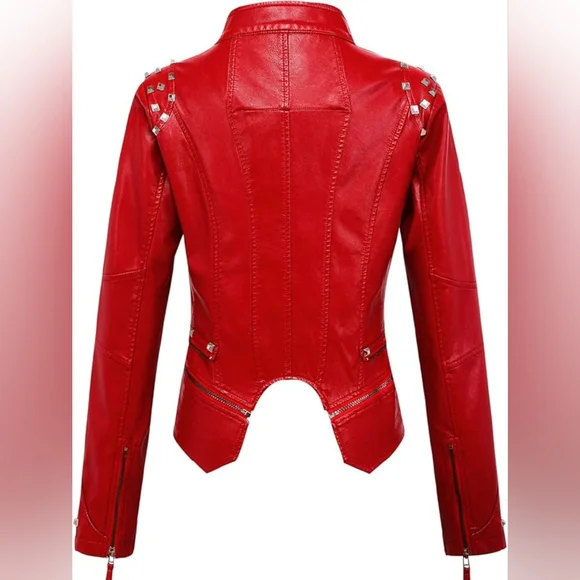 Edgy Cool Red Faux Leather Studded Moto Biker Jacket - Picture 2 of 4